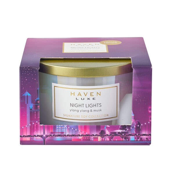Haven Luxe Night Lights Limited Edition Ylang Ylang & Musk Signature Soy Blend 3 Wick Candle - Image 5